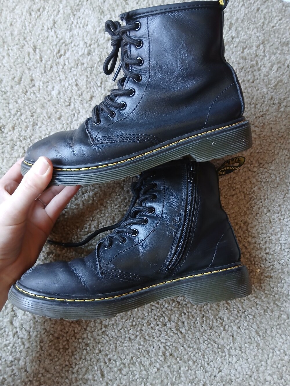 Dr. Martens Black Leather Lace-Up Combat Boots with Side Zip - Picture 3 of 10
